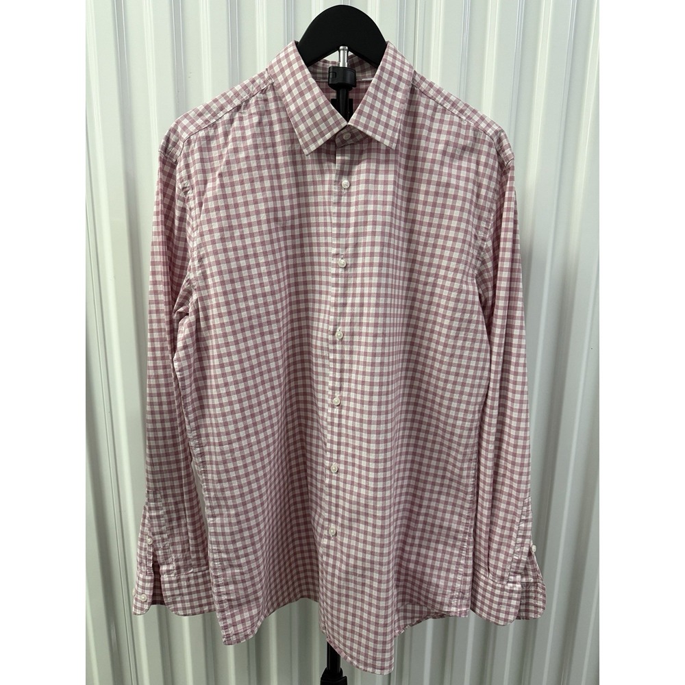 BOSS Slim Fit Stretch Pink Check Plaid Button Front Dress Shirt Mens XXL SKU0013